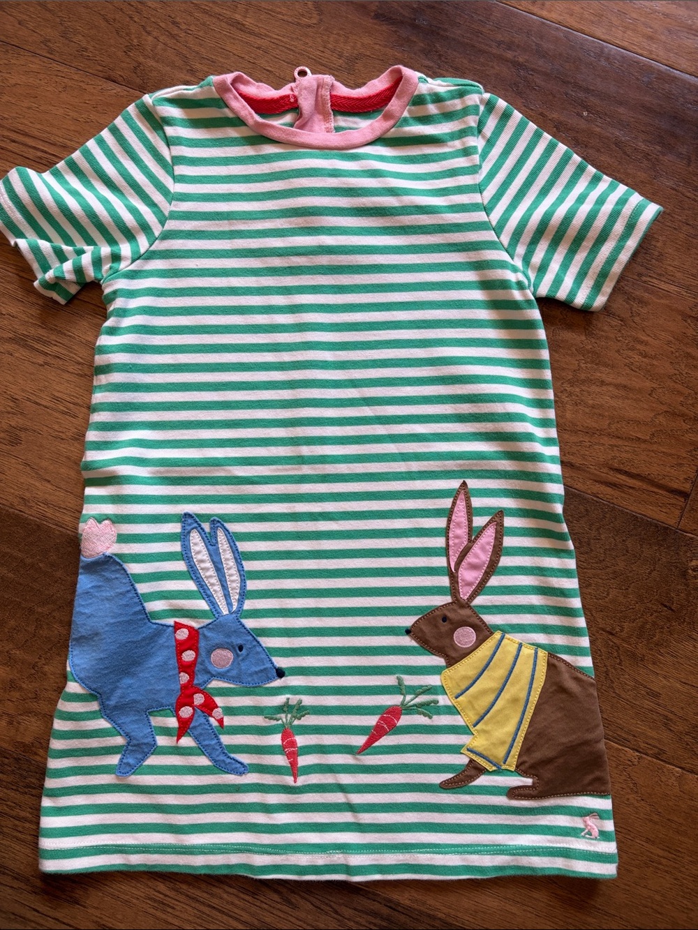 Joules Green & White Striped Bunny Applique Dress with Pink Trim